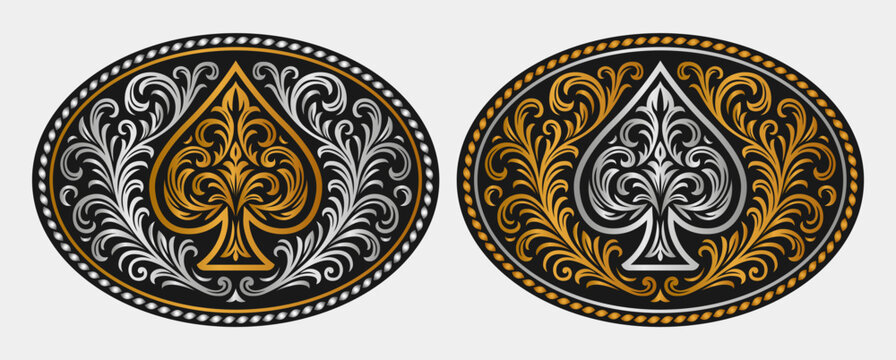 Ace of Spades Label Tag design Ornate belt buckle medal stylized silhouette Western rodeo style  west cowboy engravings details color variants
