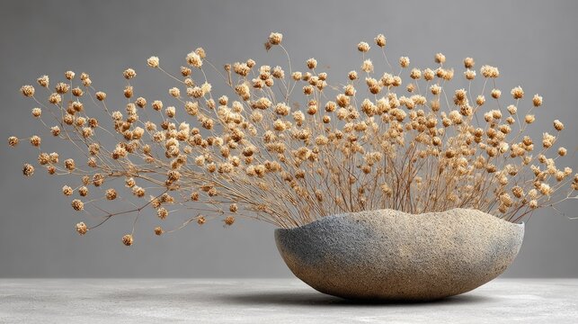 Dried spherical flower heads are displayed in a textured, low-profile stone vessel against a solid gray background.