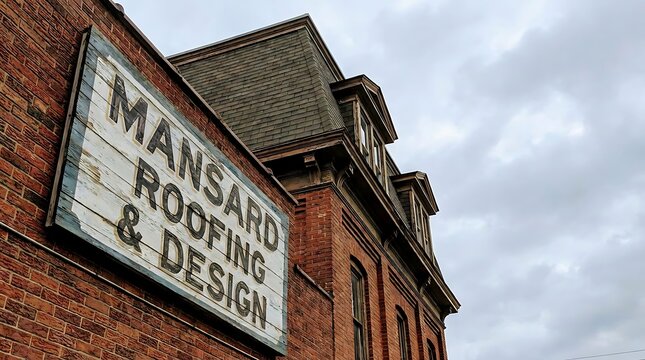 Mansard Roofing and Design Company Sign on Brick Building Exterior.