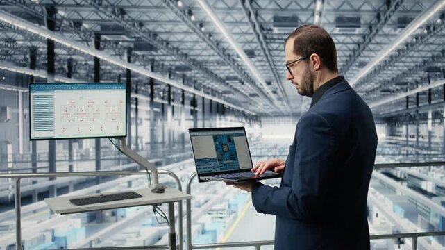 Reviewing schematics, laptop and engineer man in semiconductors smart factory. Overseeing integrated circuits infrastructure layouts, EDA software and manager in industry 4.0 plant, camera A