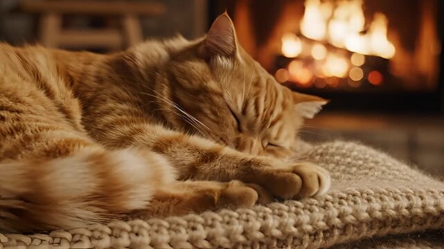 Cozy Orange Cat Sleeping Peacefully by a Warm Fireplace.