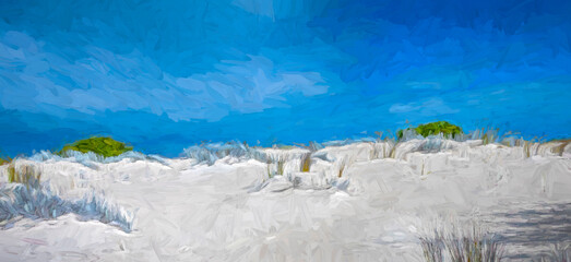The painting effect captures a serene scene of sand dunes under a vibrant blue sky. Sparse vegetation adds a touch of greenery to the expansive white dunes. © Ron