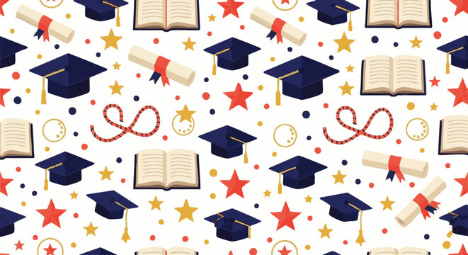 Seamless pattern background, featuring graduation caps, books and rolled, diplomas with stars, and dots in, a colorful academic, celebrations and school, themed wrapping paper, png. ai generated
