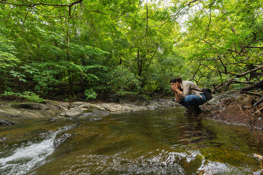 Woman drinking fresh water from forest stream