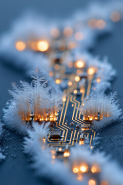 Quantum computing hardware at near absolute zero. Frost crystals forming on superconducting circuits in ethereal cold blue.
