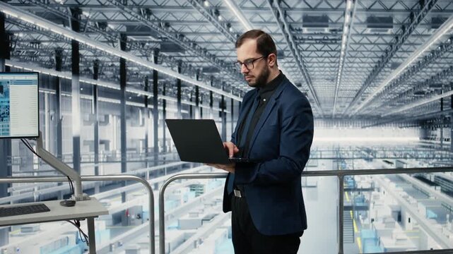 Portrait of cheerful man looking at data on laptop, improving microchips fabrication supply chain yield. Jolly manager visualizing semiconductors factory production line bottlenecks with notebook
