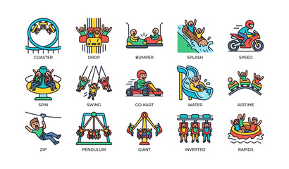 Fototapeta premium Amusement park ride icons showing attractions and thrill effects