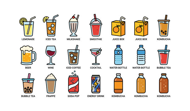 Beverage icons arranged in grid on white background
