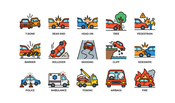 Car accident and emergency icons arranged in labeled grid on white