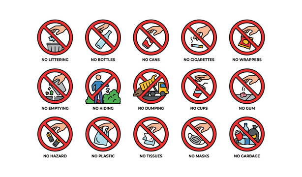 Prohibition icons for littering and specific trash items on white
