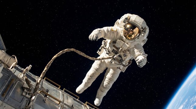 An astronaut floating freely in the vast expanse of space, Earth and its atmosphere in the background, a sense of limitless exploration and wonder.