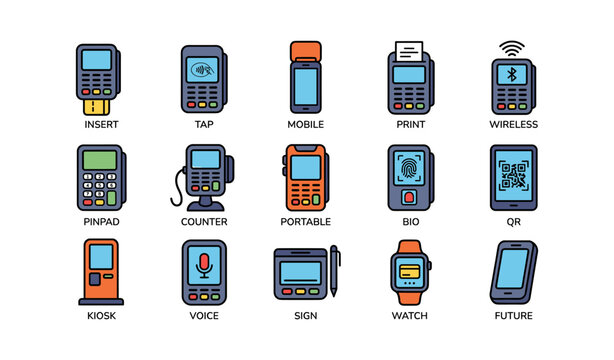 Grid of terminal icons showing card readers and mobiles on white