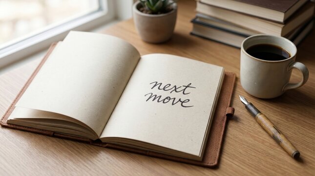 Notebook with 'next move' handwritten text
