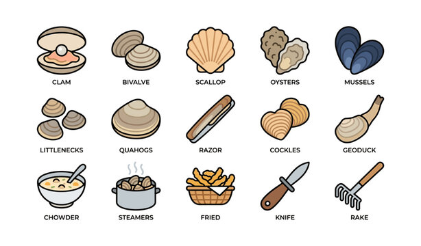 Seafood shell icons showing clams mussels and cooking tools