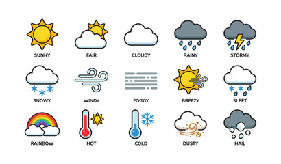Obraz premium Weather icons showing various conditions on white background