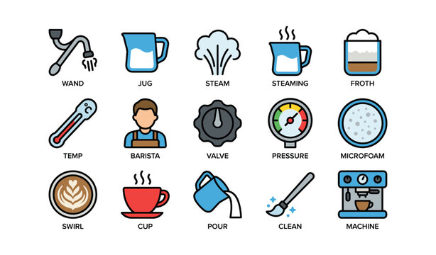 Coffee steaming and milk frothing icons on white background
