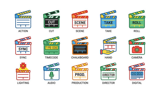 Film clapboard icons arranged in grid on white background