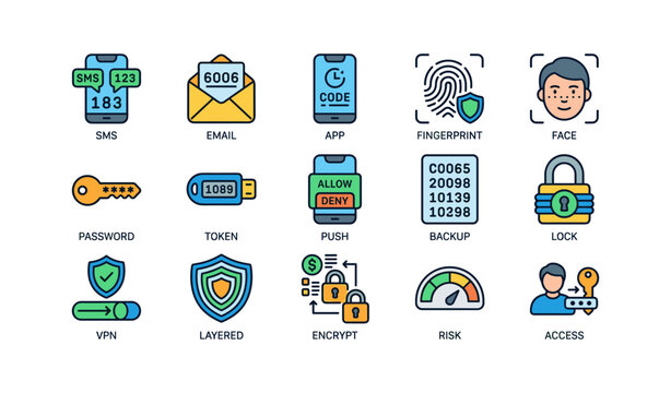 Authentication and security icons arranged in grid on white background