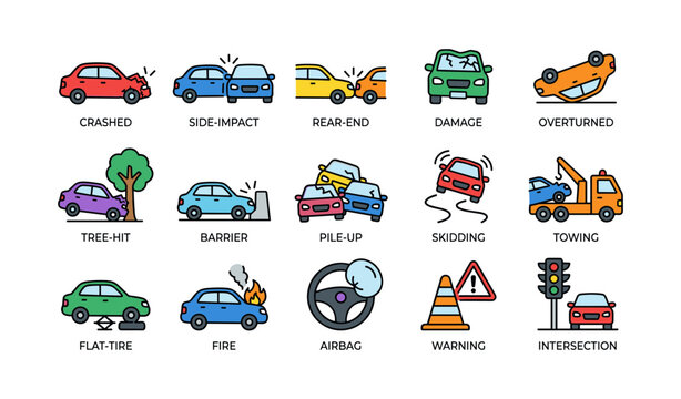 Vehicle accident icons showing crash types on white background