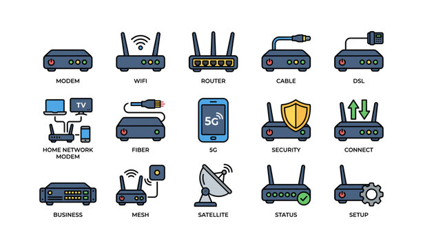Network devices and connection icons in organized grid layout