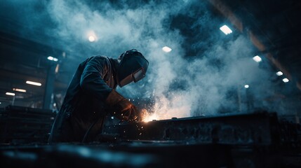 Fototapeta premium Welder at work, sparks flying amidst dense smoke, a vibrant depiction of industrial craftsmanship illuminated by intense light in a dark workshop setting.