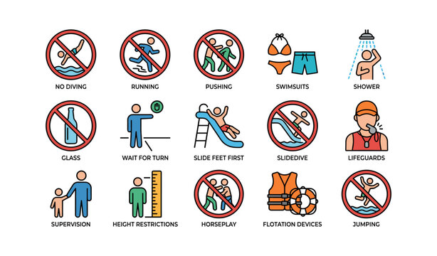 Pool safety icons showing rules and equipment at swimming area