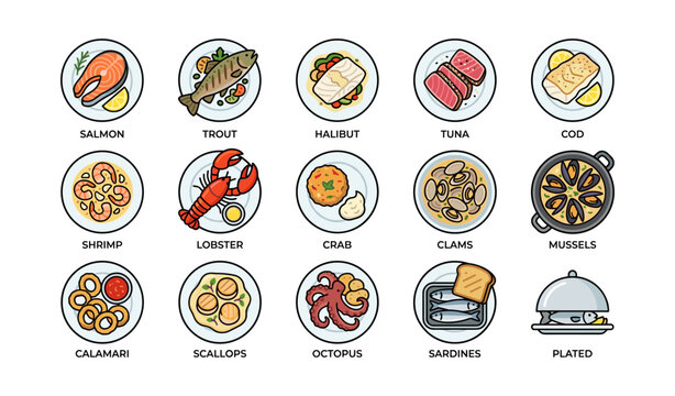 Seafood icons displayed with labels on white background