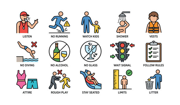 Pool safety icons showing rules and warnings at facility