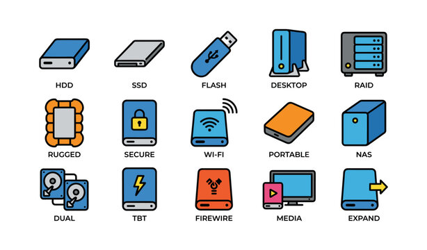 Storage device icons showing drive types and features grid