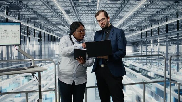 Woman optimizes microchip smart factory workflow with coworker, using EDA software. Teamworking colleagues using simulation tool tracking semiconductor production circuit layout defects, camera A