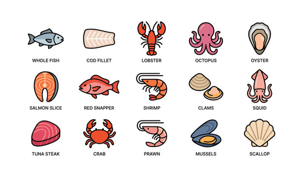 Seafood icons displaying species and cuts in grid layout