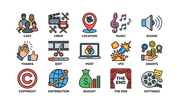 Film production icons of cast crew post and distribution on white