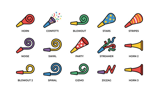 Party noisemakers and confetti icons displayed on white background