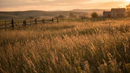 Obraz premium Golden Hour Sunlight Illuminates Rural Landscape Field