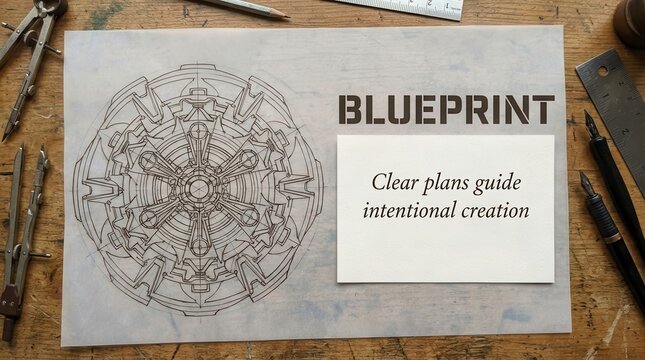 Flat-lay Blueprint Design and Inspirational Quote