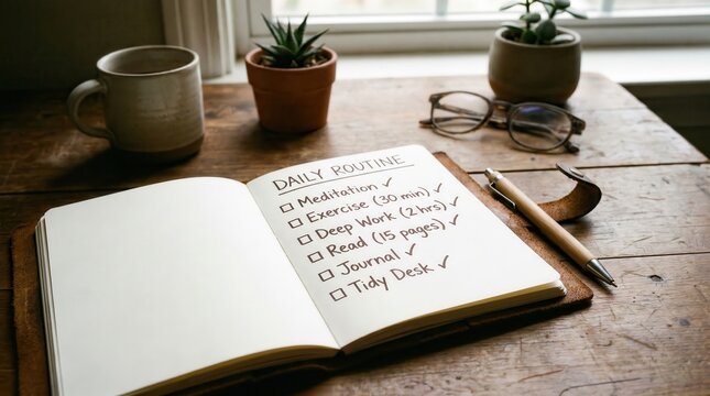 Notebook with Handwritten Daily Routine Tasks on Desk