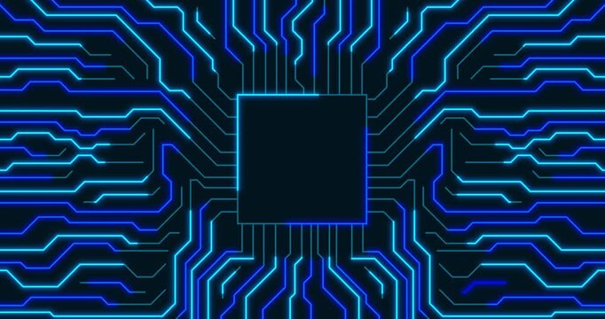 Beautiful motion graphic of a microchip with neon blue energy network circuits
