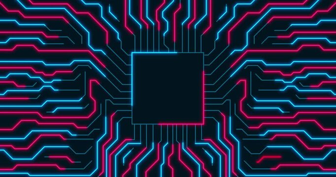 Beautiful motion graphic of a microchip with neon blue and pink energy network circuits