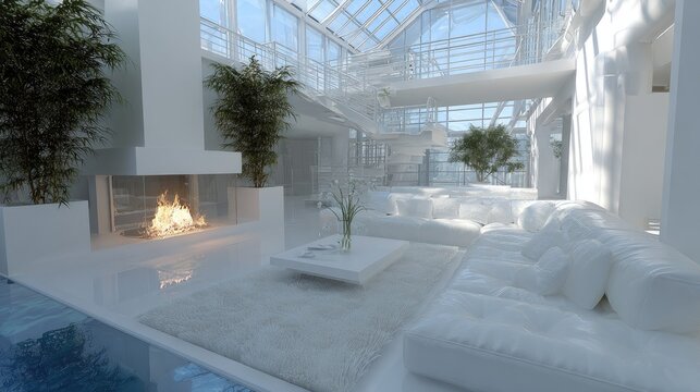 Spacious contemporary living area features white furnishings beneath a glass ceiling structure