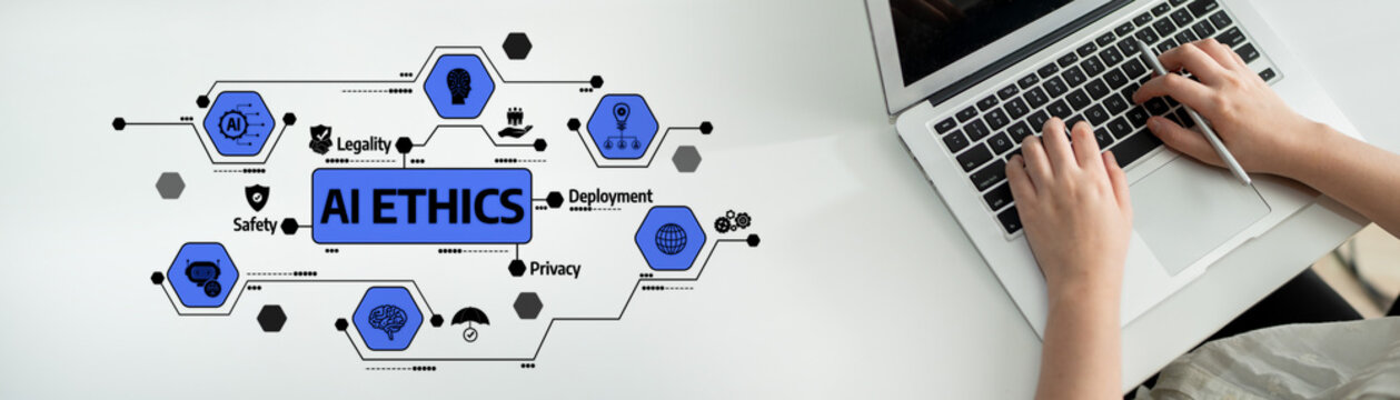This illustration presents the concept of AI ethics while highlighting key aspects such as safety, privacy, and legality as a person interacts with a laptop. Tessel