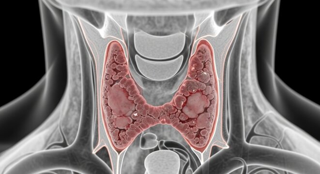 Human thyroid gland, medical visualization of an enlarged or diseased endocrine organ, representing potential health issues, diagnosis and treatment awareness