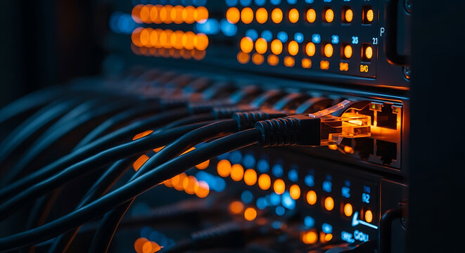 Close up of network server equipment with blinking orange status lights and connected ethernet cables in a tech data center environment