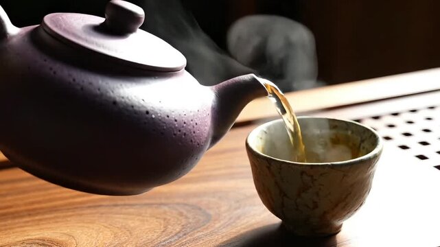 Steaming hot tea being poured from a traditional teapot into a small cup on a wooden surface