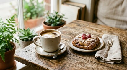 Fototapeta premium Coffee cup and berry pastry on wooden table by window plants