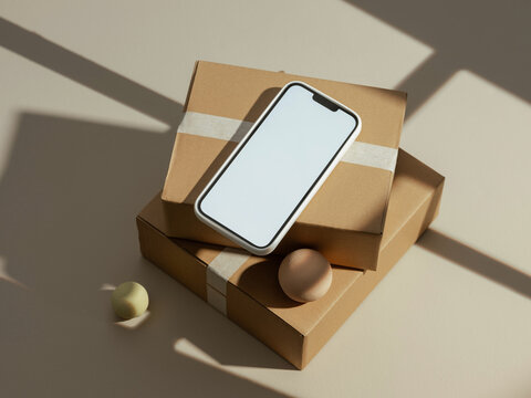 Modern smartphone placed on stacked cardboard delivery boxes