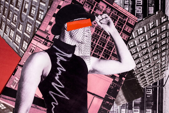 Analog collage stylish man in front of city high rise
