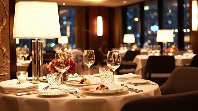 Elegant dining table set in luxury restaurant at night