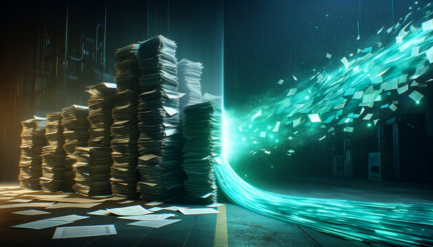 Paper Documents Transformed into Digital Data Stream &ndash; Digitization Concept