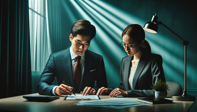 Two Business Professionals Signing Financial Documents Together