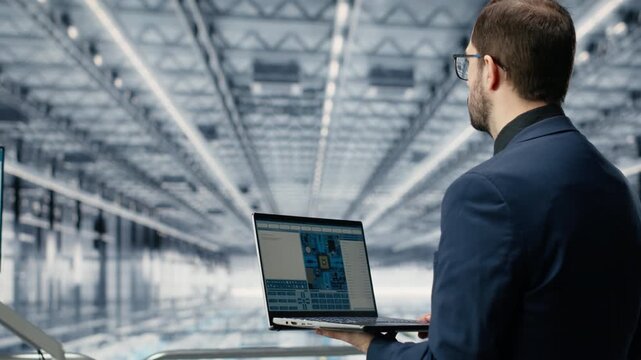 Reviewing schematics, laptop and engineer man in semiconductors smart factory. Overseeing integrated circuits infrastructure layouts, EDA software and manager in industry 4.0 plant, camera B